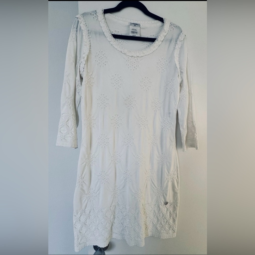 CHANEL Ivory Eyelet Knit Midi Dress